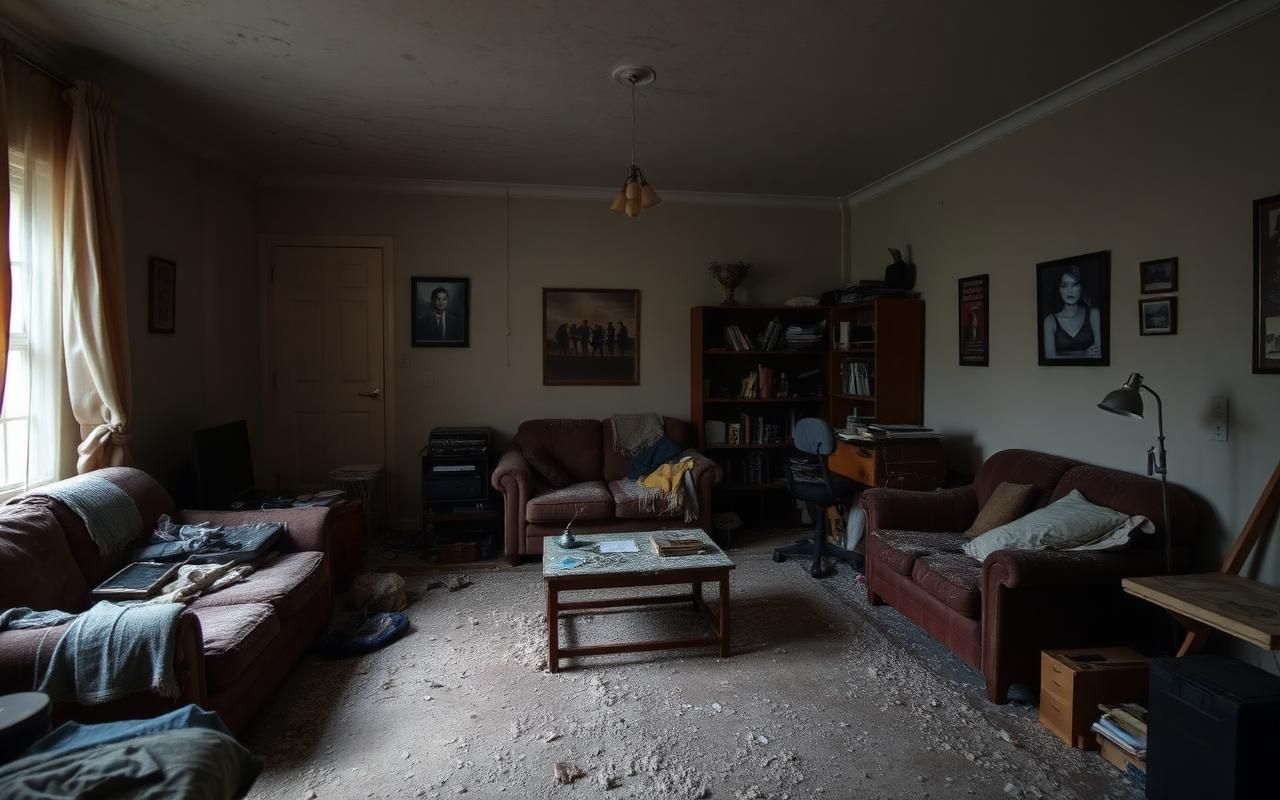 Dusty cluttered living room — before professional cleaning
